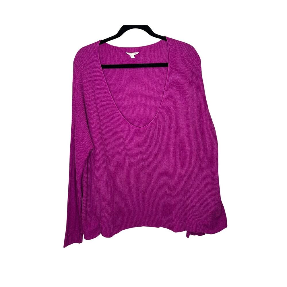 Eileen Fisher Sweater Women L Magenta Purple 100% Organic Cotton Boxy V-Neck EUC